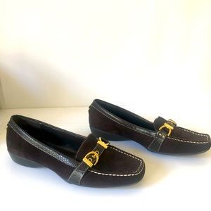 Etienne Aigner women’s suede loafers with gold buckle.